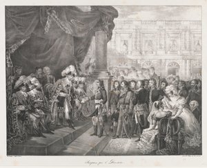 Fogadás a Direktornál, 19. eleje század (litho) alkotó: Charles Etienne Pierre Motte
