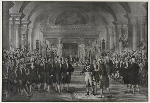 Bonaparte Napóleon fogadása az Intézetben, fizika-matematika osztály, mechanikus művészetek szekciója december 25-én alkotó: Charles Etienne Pierre Motte