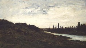 Pásztorok és szarvasmarhák egy erdős folyami tájon alkotó: Charles Francois Daubigny