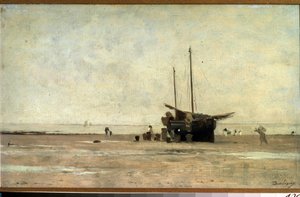 ""Seascape"" Vitorlás a homokon apálykor. Charles Francois Daubigny (1817-1878) festménye 1868-1872 Puskin Múzeum, Moszkva alkotó: Charles Francois Daubigny