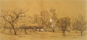 Kilátás a Saint-Denis-i gyümölcsösre (toll és fekete tinta, fehér testszínnel kiemelve és fekete krétával vagy faszénnel megérintve, merev, törtfehér papíron) alkotó: Charles Francois Daubigny