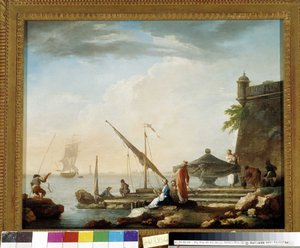Mediterrán kikötő a szökőkútnál. Charles Francois Grenier de la Croix dit Lacroix de Marseille festménye (1720-1782) Magángyűjtemény, Marseille.