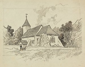Egy azonosítatlan templom külső képe (toll és tinta papíron) alkotó: Charles George Harper