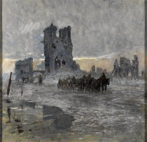 Lóvontatású járművek, esetleg tüzérvonat, elhaladva a romos posztócsarnok mellett, Ypres alkotó: Charles Gilbert Holiday