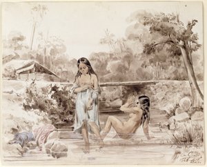 Tahitians Bathing, 1844 (toll és mosás papíron) alkotó: Charles Giraud