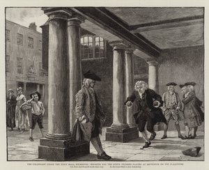 Az oszlopcsarnok a városháza alatt, Rochester, Hogarth és a többi zarándok, aki a Hopscotchban játszik a Flagstones-on alkotó: Charles Green