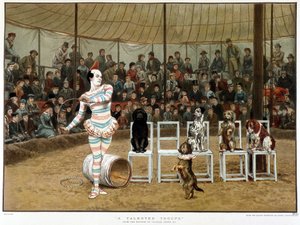 A tanult kutyák: cirkuszi jelenet bohóccal és kutyákkal - Charles Green nyomán, angol kromo 1885. ¿A tanult kutyák: cirkuszi jelenet bohóccal és kutyákkal - Charles Green után, angol kromo 1885. ¿ alkotó: Charles Green