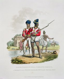 Bennszülött csapatok a Kelet-indiai Társaság szolgálatában: a bengáli hadsereg őrmestere és Sepoy közgránátos, Joseph Constantine Stadler metszete, 1815 (akvatinta)