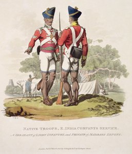 Bennszülött csapatok a Kelet-indiai Társaság szolgálatában: a könnyűgyalogság őrmestere és a Madras Sepoys közlegénye, Joseph Constantine Stadler metszete, 1815 (akvatinta)