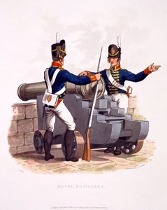 A Királyi Tüzérség egyenruhája, az 1815-ben kiadott "Costume of the British Empire, according to the Last Regulations" (kézzel színezett akvatinta) című kiadványból.