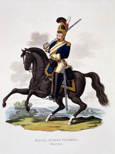 A Királyi Lovas Gárda egyenruhája, "The Blues", a "Costume of the British Empire, according to the Last Regulations" című, 1812-15-ben kiadott kiadványból (kézzel színezett akvatinta).