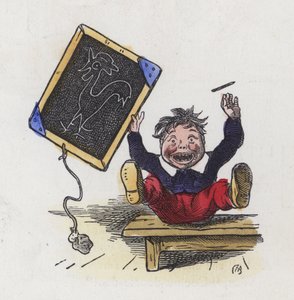 Fiú táblára rajzolt kakas képével (színes metszet) alkotó: Charles Henry (after) Bennett