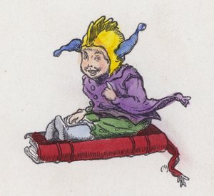 Egy könyven ülő alak, aki bolondsapkát visel (színes metszet) alkotó: Charles Henry (after) Bennett