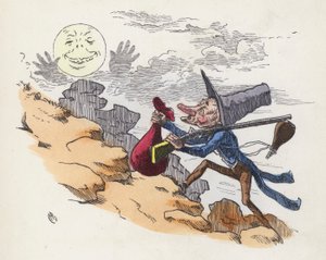 Ember felmászik egy dombra, hogy a Holdra lőjön (színes metszet) alkotó: Charles Henry (after) Bennett