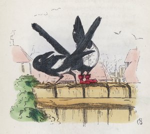 Két szarka a kerti kerítésen (színes metszet) alkotó: Charles Henry (after) Bennett