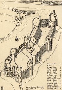 Madártávlati kilátás a Caernarvon-kastélyról, Észak-Wales, 1931