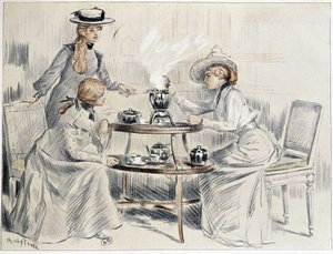 Hölgyek teáznak egy kis szamovár körül - Henri Tenré rajza, kb. 1910