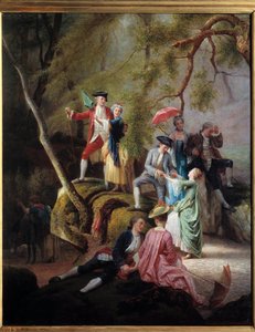 Vidéki szórakozás Galant Scene a nemesek sétája során. Charles Gustave Housez (1822-1880) festménye XIX. Magángyűjtemény alkotó: Charles Housez