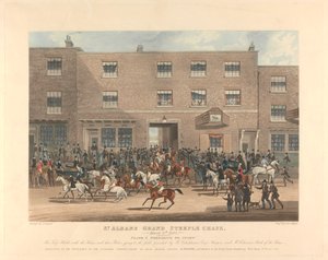 Toronyhajsza [hatos készlet]: St. Albans Grand Steeple Chase. / 1832. március 8. 1. tábla. Felkészülés az indulásra ... alkotó: Charles Hunt