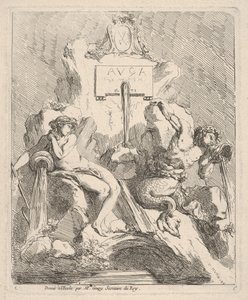 Tervezés egy szökőkúthoz, bal oldalán ülő nimfával és kagylót a szájához tartó tritonnal..., 1768. alkotó: Charles Hutin