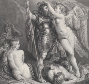 Győzelem által megkoronázott hős, aki babérkoszorút helyez a fejére, Vénusz és Ámor a..., kb. 1735-61. alkotó: Charles Hutin