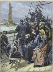 Zsidó bevándorlók érkeznek New Yorkba, Amerikai Egyesült Államok 1892-ben - Oroszországból származó zsidó menekültek elhaladnak a New York-i kikötő kolosszális szobra mellett - Charles Joseph STANILAND metszete - "" Zsidó emigránsok érkezése New Yorkba 189