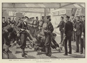 A haditengerészeti manőverek, egy partraszálló csapat felfegyverzése a HMS Conqueror-on alkotó: Charles J. Staniland