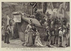 A vörös, fehér és kék bazár a mezőgazdasági csarnokban, amelyet Connaught hercege nyitott meg alkotó: Charles J. Staniland