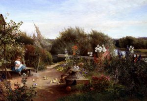 A kertben. Egy kertben egy padon ülő kislány magokat ad a csibéknek. Charles James Lewis (1830-1892 brit) festménye Magántulajdon.