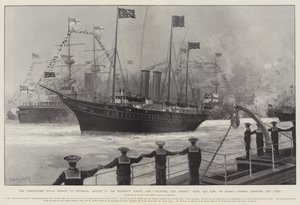 A koronázási haditengerészeti szemle Spitheadben, augusztus 16., Őfelsége jachtja, a Victoria és Albert, a királlyal a fedélzeten, áthalad a vonalakon.