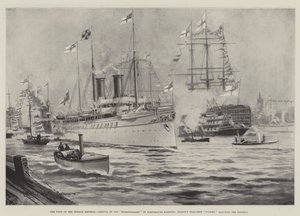 A német császár látogatása, a Hohenzollern érkezése a portsmouthi kikötőbe, Nelson zászlóshajója, a Victory üdvözli a császárt.
