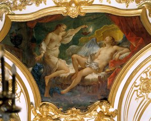 Psyche felemeli a lámpáját, hogy elgondolkodjon feleségén, Eroszon (vagy szerelem) Charles Joseph Natoire mennyezetfestményén (Charles-Joseph Natoire) alkotó: Charles Joseph Natoire