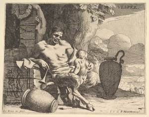 Este: egy ülő szatír összekulcsolja gyermekét, egy alak füzért akaszt a mólón túl, f..., kb. 1640. alkotó: Charles Le Brun
