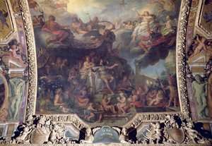 XIV. Lajos király (1638-1715) egyedül kormányzott 1661-ben, mennyezeti festmény a Galerie des Glacesből alkotó: Charles Le Brun