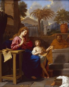 A Szent Család Egyiptomban a kisgyermek Krisztussal, aki héber írást olvas (olaj, vászon) alkotó: Charles Le Brun