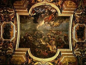 A király 1673-ban tizenhárom nap alatt elfoglalja Maastrichtot és a Rajnai átjárót az ellenségek jelenlétében 1672-ben, mennyezeti festmény a Galerie des Glaces-ből alkotó: Charles Le Brun