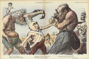 Emile Combes megpróbálja távol tartani Camille Pelletant és Maurice Rouviert, illusztráció a Le Rire számára