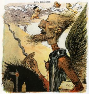 Paul Deroulede (1846-1914), francia író és nacionalista aktivista, az antidreyfusizmus fontos szereplője, Charles Leandre karikatúrája Don Quijote lovagként: a szélmalmok ellen harcolni indul, hóna alatt „Elysee” feliratú bőröndöt cipel”” Drawi alkotó: Charles Leandre