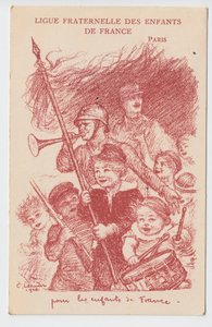 Képeslap, Színes szatirikus: Franciaország Gyermekeinek Testvéri Ligája – 14-18-as háború, Gyermekkor, Hazafias Napok Illusztráció: Charles Leandre (1862-1934) alkotó: Charles Leandre