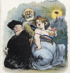 Elkülönülés az egyháztól és az államtól: „” a francia politikus, Jean-Bienvenu Martin (Bienvenu-Martin) (1847-1943), közoktatási, képzőművészeti és istentiszteleti miniszter, aki kétségbeesetten törekszik az egyház szétválasztására, mint Franciaország papj alkotó: Charles Leandre