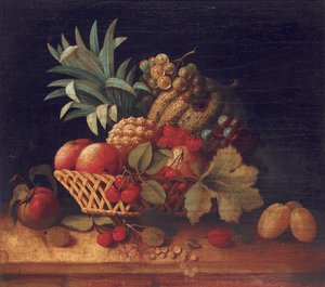 Szőlő, szilva, cseresznye, őszibarack, egy alma, egy ananász és egy dinnye, fonott kosárban alkotó: Charles Lewis