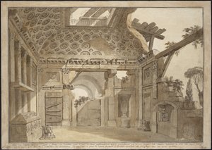 Tervezés a festményekhez Lesueur atya cellájában a római Santissima Trinita dei Monti kolostorban – Charles Louis Clerisseau (1722-1820). Toll, ecset, szürke és barna tinta, fehér színű papíron, kb 1760. Mérete: 36,9x53 cm. Állami Ermitázs, alkotó: Charles Louis Clerisseau