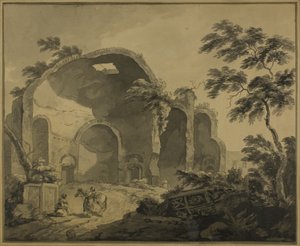 Római romok két paraszt beszélget az előtérben alkotó: Charles Louis Clerisseau