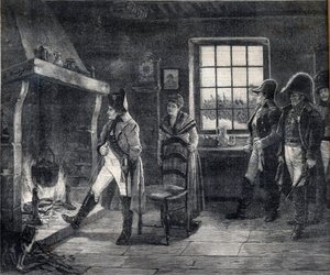 I. Napóleon császár fatűz mellett fűti magát a havas tájon - Napóleon az 1814-es waterlooi csata után - Gratke Károly (Charles-Louis) Kratke (1848-1921) festménye utáni metszet alkotó: Charles Louis Kratke