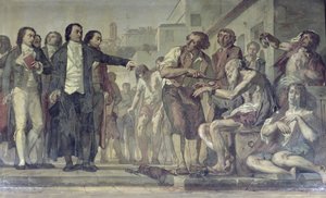 Philippe Pinel 1745-1826, 1793-ban, a párizsi Bicetre menedékházban szabadította ki az őrülteket láncaikból, 1840-50 körül olaj, vászon 163956 részlet