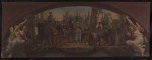 A Louvre Denon pavilonjának vázlata: Les quatre âges de la vie artistique en France - A fontainebleau-i kastély terveinek bemutatása I. Ferencnek, 1864 körül (olaj, vászon). alkotó: Charles Louis Lucien Muller