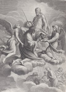 Franciaország Szent Lajost a mennybe fogadta Krisztus és két angyal, akik felajánlják neki a c..., 1671-80.