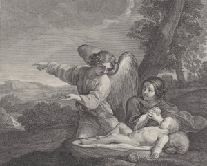 Az angyal megjelenik Hágárnak a vadonban, amint kezét összekulcsolja az álom mellett..., 1700-28.