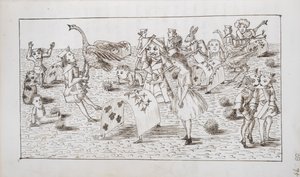 Alice és a Vörös Királynő krokettet játszanak, illusztráció az Alice Csodaországban IV. fejezetéből (toll és tinta papíron)