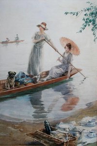 Két lány kedvenc mopszával visszaevez a piknikre (akvarell papíron) alkotó: Charles MacIvor or MacIver Grierson